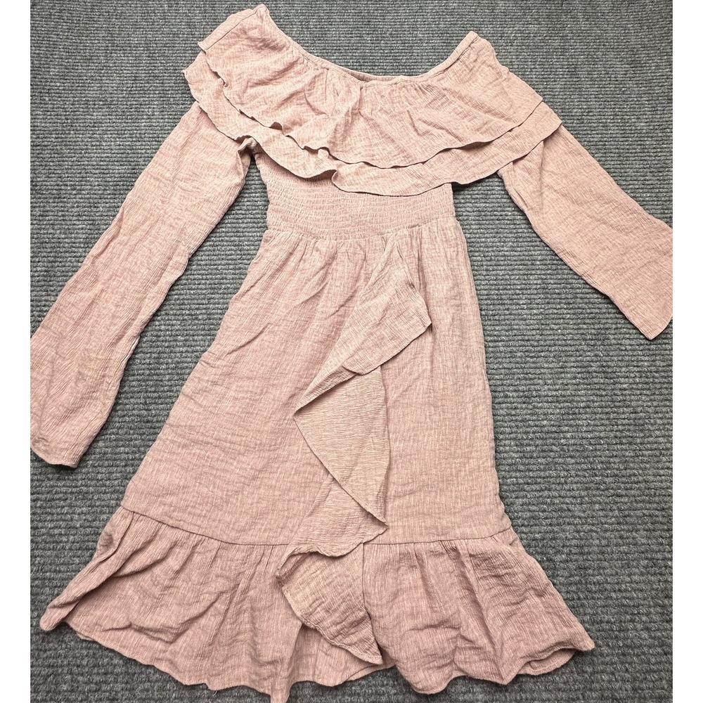 Wish Senna Dress Womens Small Pink Off Shoulder Long Sleeve Ruffle Boho Rayon